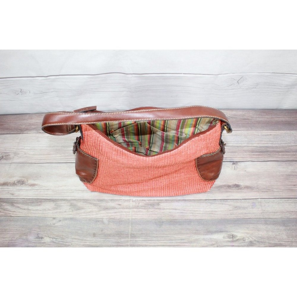 Fossil Brown Leather Strap Orange Woven Straw Lined Purse Shoulder Hobo Bag - Picture 8 of 9